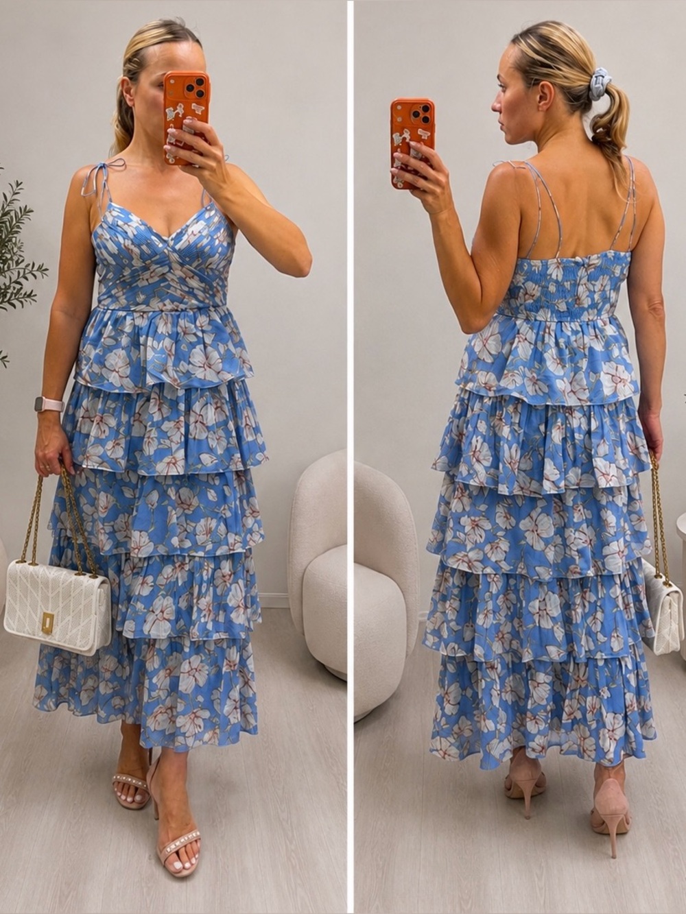 NWOT En Saison Maryam Pleated Tiered Ruffle Maxi Dress Blue Floral Size Small
